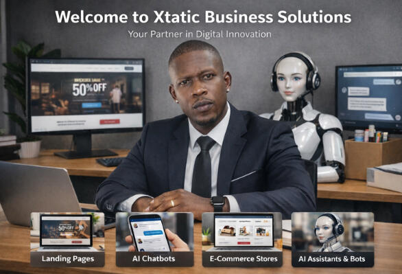 Xtatic Business Solutions: Your Partner in Digital Innovation. Xtatic Business Solutions homepage hero image featuring a professional consultant at a tech-forward desk with a humanoid AI assistant. Overlaid icons showcase core services: Landing Pages, AI Chatbots, E-Commerce Stores, and AI Assistants & Bots.