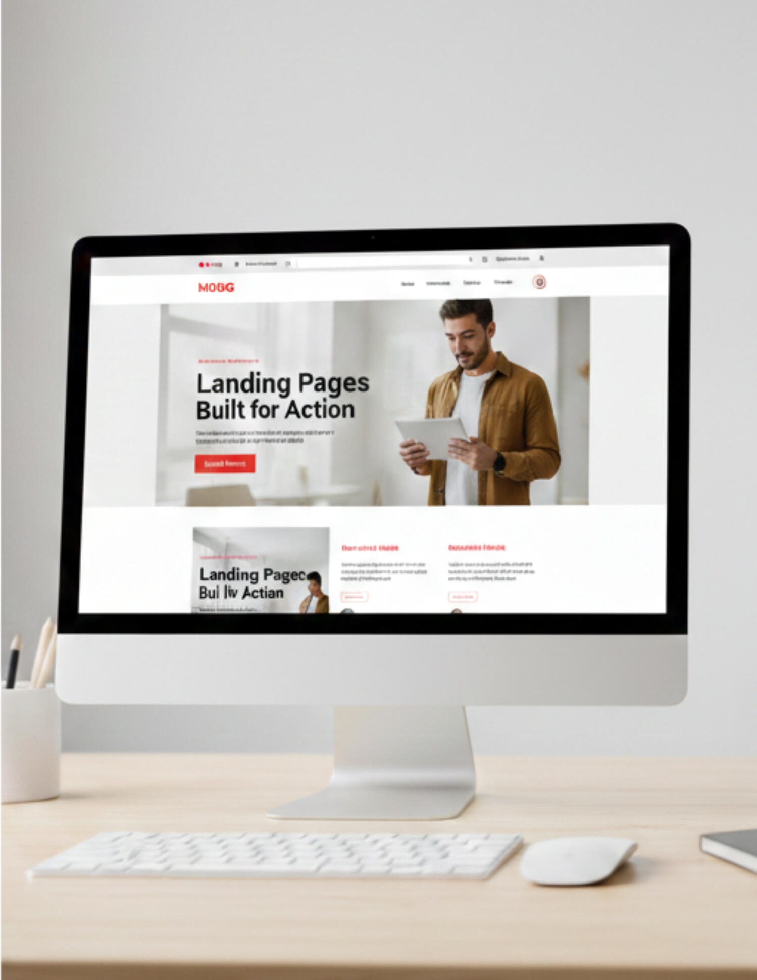 Minimalist home office setup showing a computer with a landing page design for Xtatic Business Solutions