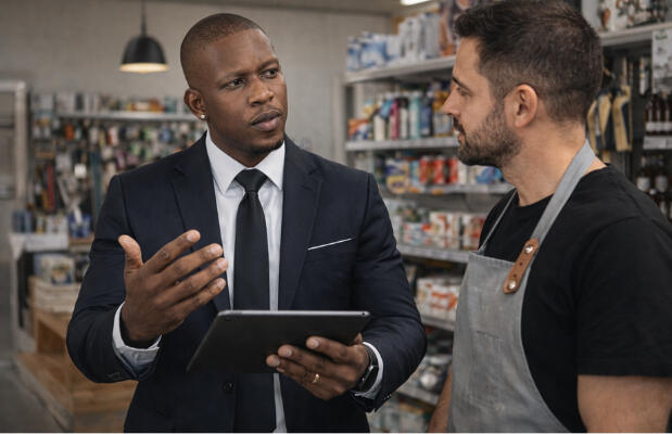 A professional business consultant from Xtatic Business Solutions in a suit, holding a tablet and discussing digital strategy with a small business owner in a retail shop."v