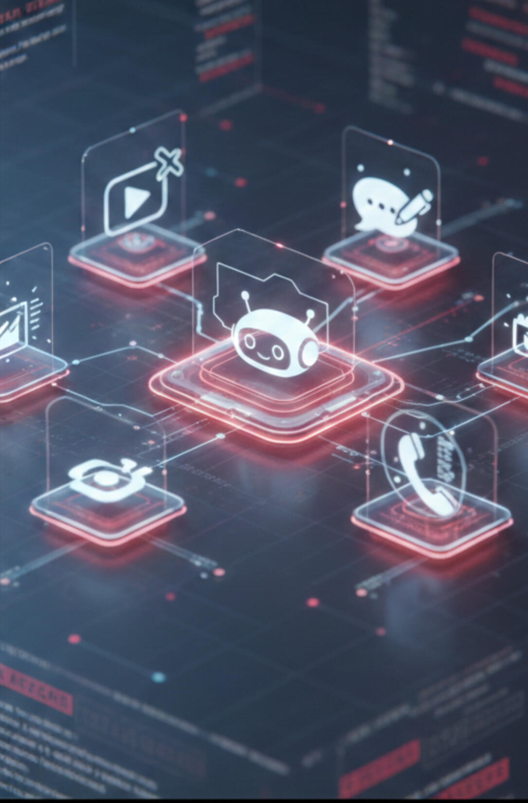 A futuristic digital dashboard displaying icons for AI chatbots, short-form video editing, and virtual executive assistance by Xtatic Business Solutions.